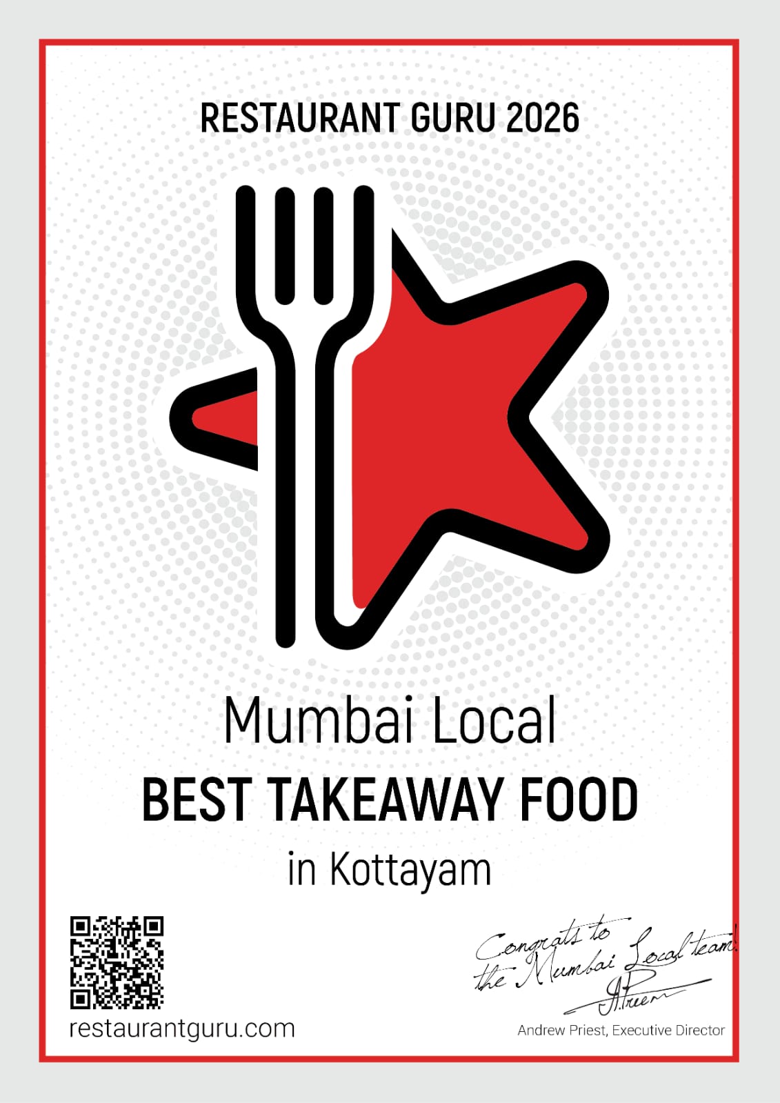 Restaurant Guru 2026 certificate awarding Mumbai Local Best Takeaway Food in Kottayam