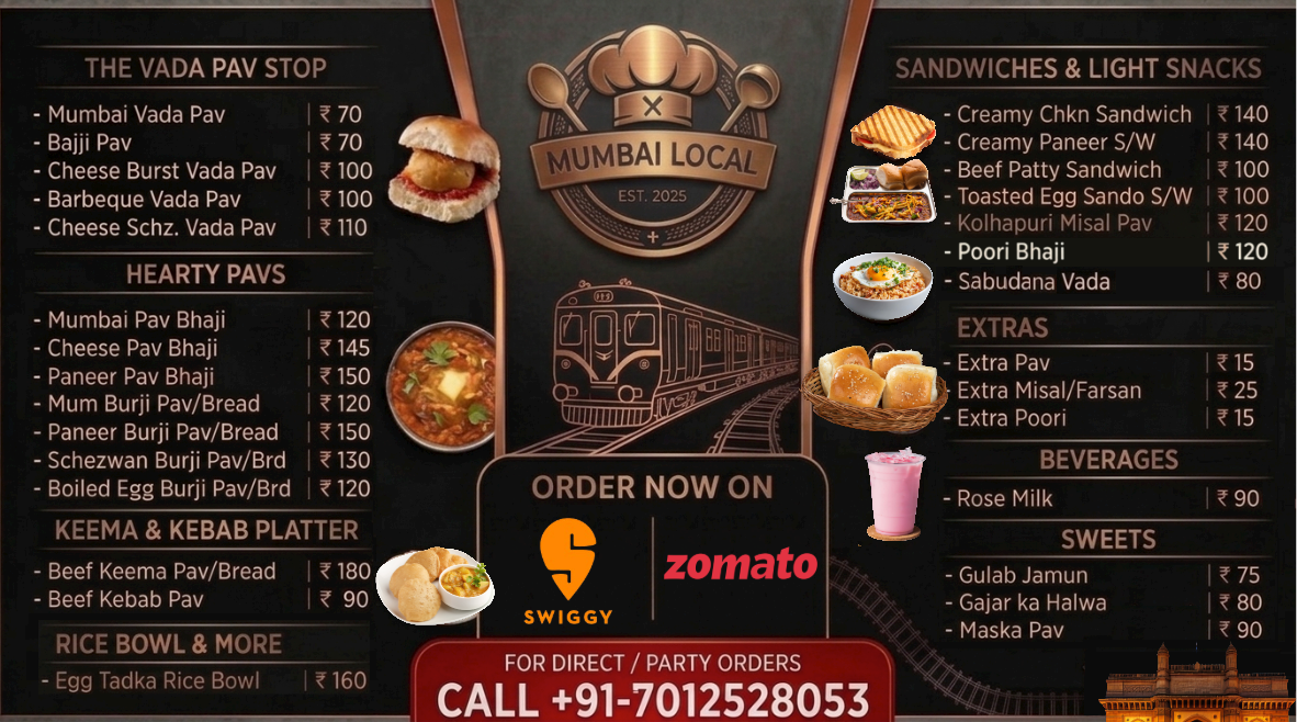 Mumbai Local full menu — vada pav, pav bhaji, misal pav, bhurji pav, kebab pav, sandwiches, sweets and drinks with prices